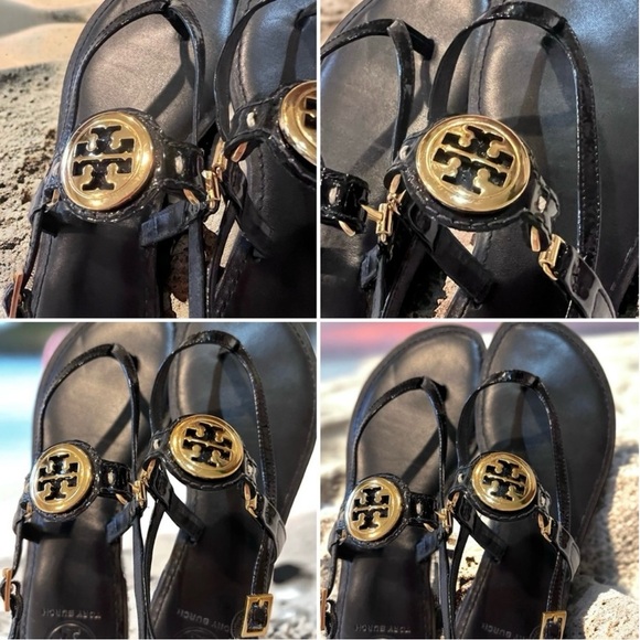 Tory Burch Ali Sandals Black patent leather w/gold insignia Gorgeous! Vintage. - Picture 11 of 17